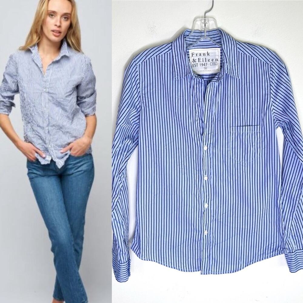 Frank & Eileen Barry Crinkled Button-Up Shirt Blue Striped Tailored XS